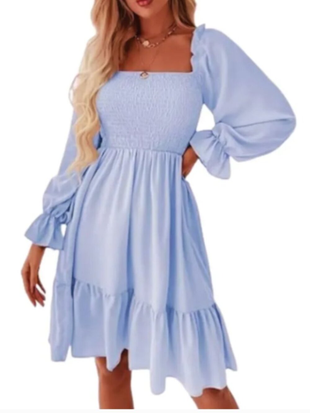 Pastel Blue Smocked Mini Dress Long Balloon Sleeve Ruffle Hem Square Neck Large